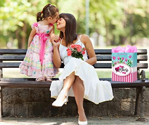 Flyab Mothers Day Gift BG com Handle Happy Mother Day Gift Smags com papel de papel Floral Mothers Day Great Bag para mamãe vovó tia Esposa Presente do Dia das Mães de Filha Filho