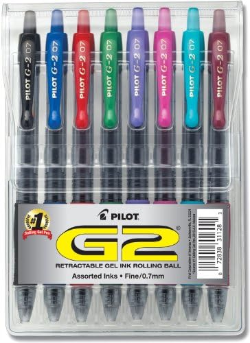 Pilot G2 recarregável e recarrete de canetas de gel de rolagem retrátil, ponto fino, tintas de cores variadas, 8-pacote