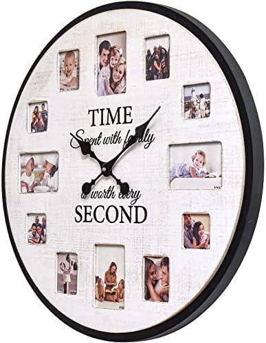 Relógio de parede de madeira rústico de 12 fotos personalizadas de 12 fotos, 25 polegadas de 25 polegadas com moldura