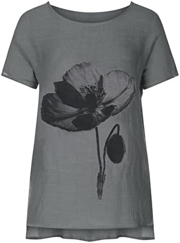 Camiseta casual feminino verão outono 2023 Caminhada gráfica floral de linho de linho curta para mulheres BW