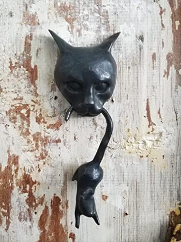 Anatolica Cat e Knocker da porta do mouse, latão sólido, 8,3 polegadas, ornamento da porta da frente, óxido preto