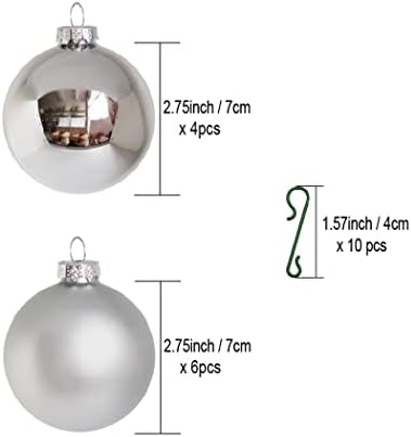 Ornamento de Natal de vidro Bola azul Silver Color Conjunto de 10pcs com ganchos para fácil suspenso dia 2.75 '' '