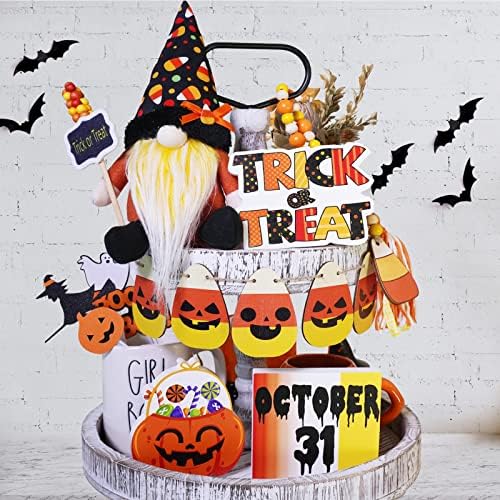 Decorações de Halloween, pacote de decoração de bandeja em camadas de Halloween, Halloween Candy Corn Gnome Plush, placas de madeira