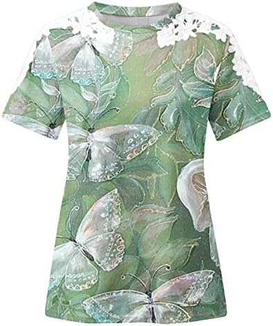 Blusas para mulheres renda de renda de manga curta renda no pescoço de pescoço de borboleta gráfica floral solta top