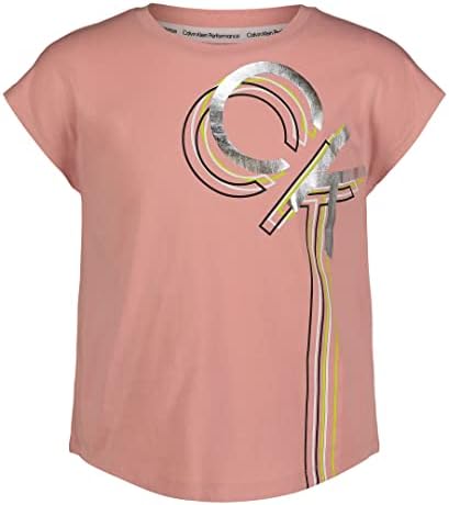 Manga curta de Calvin Klein Girls T-shirt de desempenho relaxado, decote de pescoço de tripulação e detalhamento do