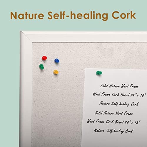 Placa Bulletin de Cork do Inovart 36 x 24 com 10 pinos de push, quadro de cortiça com moldura de madeira branca, quadro de mensagens