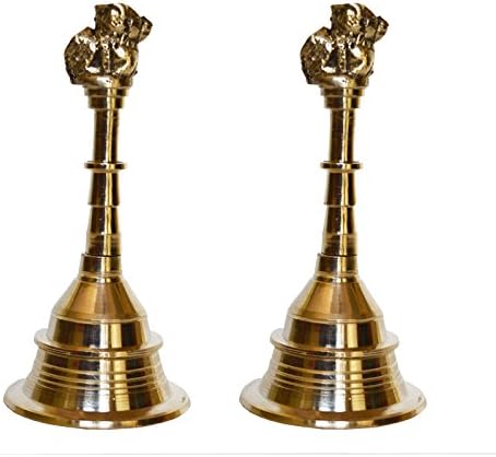 Devyom Brass Metal Hand Bell Par Acessório Pooja para Templo Home em acabamento amarelo