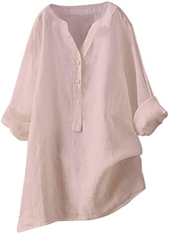 Camisas de linho de algodão feminino Button Button Up Bloups 2023 Summer V pescoço Tops de manga longa/curta Túnica de ajuste