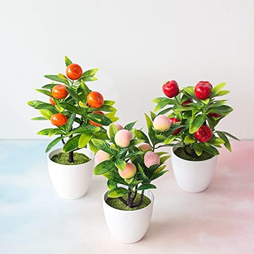 Sucpur Bonsai Artificial em vasos de frutas, mini plantas de frutas plásticas para festa de casamento em casa Decoração de bonsai Flores de panela verde falsas Ornamentos de pêssego 210622tw06-4-10049-1157036511 8.6*6.3inch