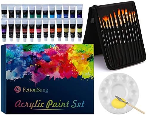 Conjunto de pincel de tinta, 12 peças de pincéis de artista, 24 tubos de cores pintando pintura acrílica, com 1 faca de