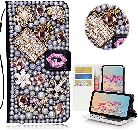 Stenes Samsung Galaxy Note 8 Case - Stylish - 3D Crystal Crystal Sexy Girls Bag High Heel Lips Wallet Slots de cartão de crédito