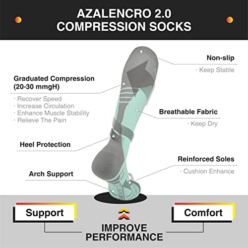 Meias de compressão Azalencro 2.0 para homens e mulheres ， 20-30mmgh Suporte para atléticos 、 Execução 、 circulação