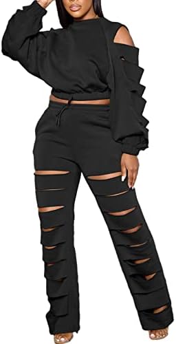 Roupas de moletom femininas de mulheres definidas com 2 peças Hollow out manga longa colheita de calças de calça longa de calça longa