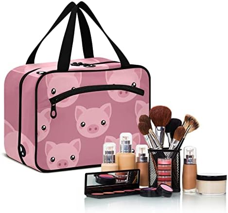 Rosa Bolsa de higiene pessoal de porco fofa de porco para mulheres Organizador de bolsas de maquiagem de viagem com sacos de cosméticos