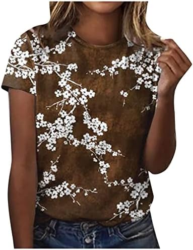 Senhoras de manga curta Crew Crew pescoço de pescoço camisa superior de ameixa impressão impressão floral para meninas