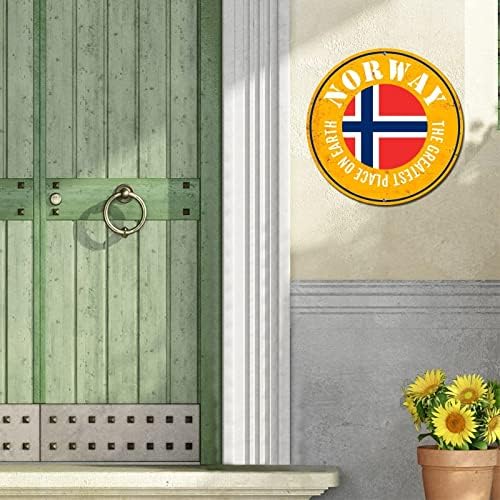 Sinalização de lata de metal redonda Bandeira patriótica da Noruega O melhor lugar do mundo na grinalda vintage signo de porta