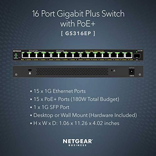 Netgear 16 portas Poe Gigabit Ethernet Plus Switch - Gerenciado, com 15 x Poe+ @ 180W, 1 x 1g porta SFP, desktop ou montagem de parede