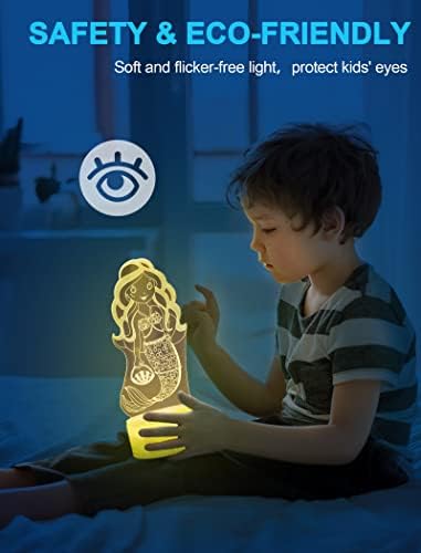Sonho agradável, fofo sereia noite luz para crianças, lâmpada noturna de ilusão 3D, 16 cores mudando com controle remoto,