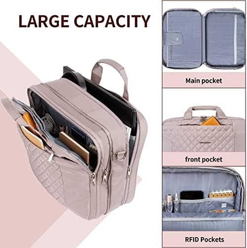 Bolsa de laptop Kroser para mulheres, case de laptop Saco de pasta para laptop expansível de 17 polegadas, bolsa de computador à prova d'água da TSA com roubo, bolsa de ombro para mulheres para mulheres viagens de escritório, rosa