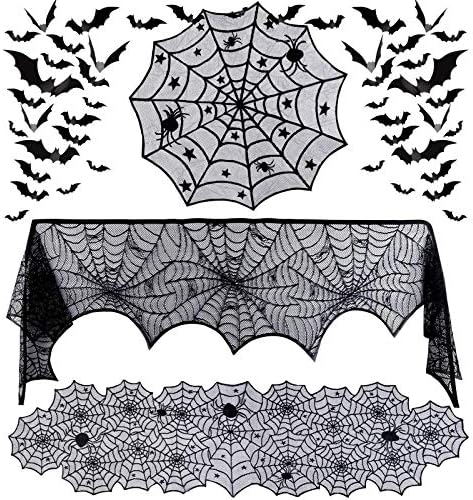 Larrof Bat Halloween lareira Tabela de traje de mesa de renda de renda Decoração e Hanges Garland operada por bateria com timer