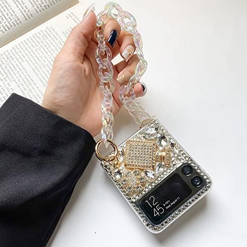 Omio para Samsung Galaxy Z Flip 4 5G Case com corrente de cinta, Sparkle de pedras de cristal Stones 3D SPELO