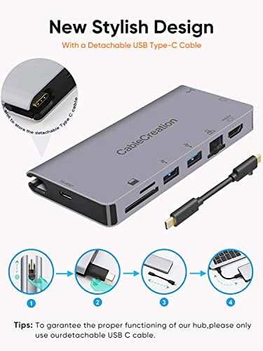 Hub USB C com cabo USB-C destacável, CableCreation 9 em 1 USB C Dock a 4K HDMI, VGA, Ethernet, USB 3.0, SD/Micro SD e 100W PD Compatível
