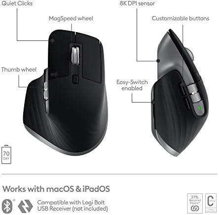 Logitech MX Master 3s para Mac - mouse Bluetooth sem fio com rolagem ultra -rápida, ergo, 8k DPI, cliques silenciosos, rastrear