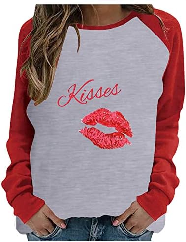 Kiss Lips Prinha camisas de manga longa para mulheres Dia dos namorados colorblock raglan t-shirt tops moda saindo túnica