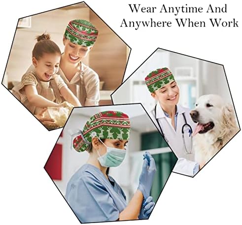 2 PCS Nurse Scrub Caps Cabelo longos, rena de Natal Red Xmas Santa Claus Capinho de trabalho ajustável