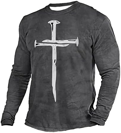 Camisas cristãs para masculino Presente Jesus Cross Print Slave Longa Casual Round Pescoço Vintage Tee de camiseta de camiseta