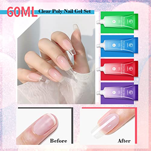 Lanfo Clear Poly Unh Nail Gel Conjunto 60g, 4 PCS Extensão de unhas Poly Conjunto de gel Kit de manicure em gel de gel de