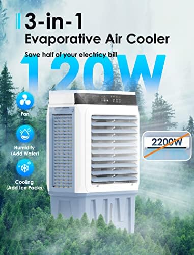 Air Choice 3-em 1 Evaporativo Cooler de ar, resfriador de pântano de 2000cfm com timer de 12h, controle remoto, 4 pacotes de gelo e 7,9 gal de tanque de água, umidificação, 3 velocidades de vento, evaporador mais refrigerador para uso interno externo ao ar livre