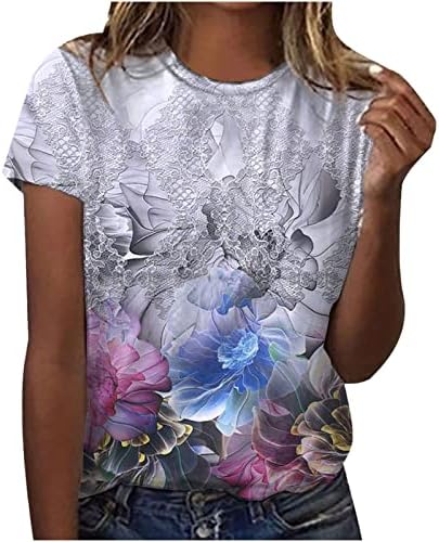 Tops de estampas florais de borboleta feminina Tops de manga curta pescoço casual t camisetas camisetas de verão blusa de ajuste