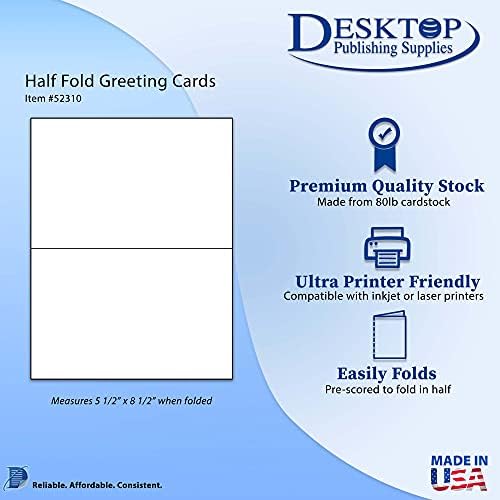 80lb White Half Fold Greeting Cards - 100 Cards - Desktop Publishing Supplies, Inc. ™ Brand