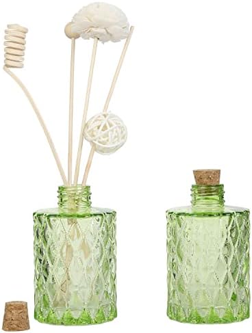 Mygift Vintage Green Green Glass Decorativo Conjunto com design texturizado para difusor de palheta, fragrância de óleo, pequeno broto de flores com tampas de cortiça, conjunto de 2
