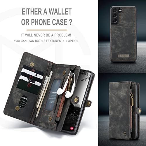Kowauri para Samsung Galaxy S22 5G Caixa de carteira, bolsa de zíper em couro TPU Caixa magnética destacável para choques
