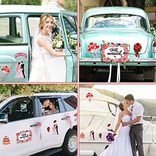 8 PCs acaba de se casar com ímãs de carros, ímã de carro de casamento, decorações de carros casadas, decorações de carros de