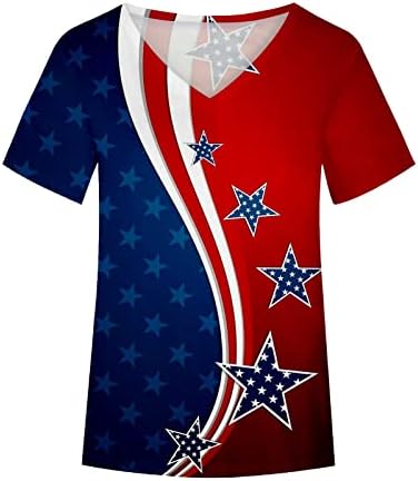 Blusas de cor de corda de tie feminina gradiente bloco de cor American Flag Relaxed Tops de manga curta V Blusies de spandex de