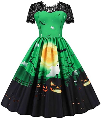Vestidos midi para feminino para feminino com estampa de hallowen vestido de chá 50s 60s Vintage Rockabilly Mangas compridas Vestido