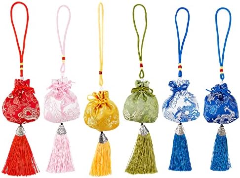 NBeads 6 PCs 6 cores Bolsas de joalheria de brocas de seda com borla, sacos de seda bordados de flor de 3,5 × 2,8