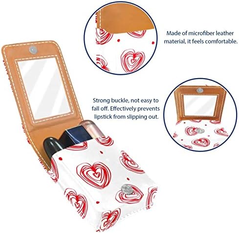 Mini maquiagem de Oryuekan com espelho, bolsa de embreagem Leatherette Lipstick Case, bolinhas de coração vermelho