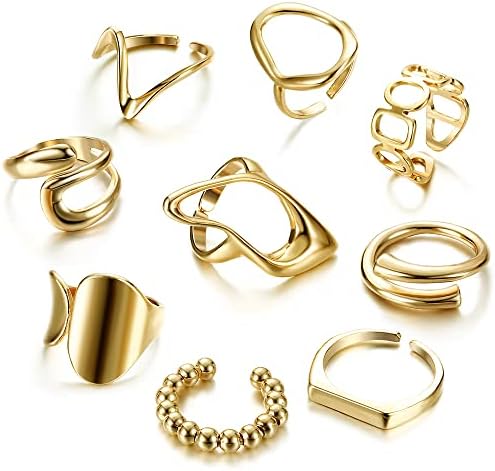 Fibo Steel 9 PCs Anéis de ouro para mulheres 18k Gold Bated Ring Set Dome grossa Abertura Ajuste