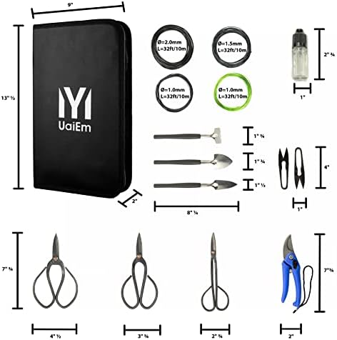 Uaiem Bonsai Ferramentas Conjunto | Kit de árvore de bonsai de 13 peças com mini cortes codificadores, tesoura de bonsai, fios de treinamento de bonsai, saco de armazenamento | Ferramentas de corte de jardim de aço carbono | Kit de ferramentas de bomte de bomba