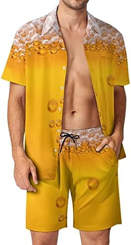 Bubble de cerveja Men 2 peças Hawaiian Set Button-Down Sleeve Shirts Calças de praia Faixa Fit