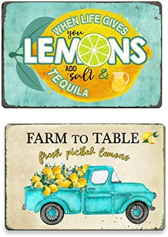 GSS Designs caminhão com fazenda Limões frescos Metal Tin Sign - Funny Lemon Retro Retro Vintage Sinal de lata de 12x8 polegadas Country Home Kitchen Wall Art Decor