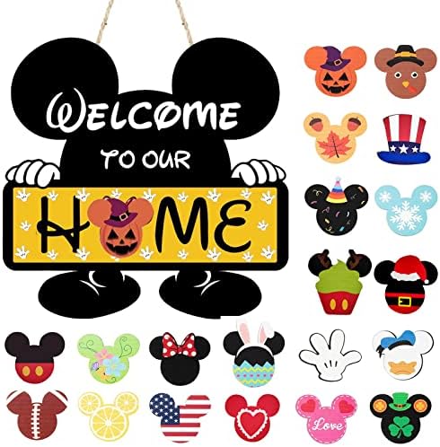 Miushion Cute Mouse Sign de boas -vindas para a porta da frente, grinaldas sazonais intercambiáveis ​​ao ar livre/casa/varanda