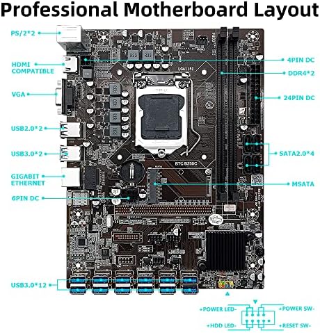 MACHINIST B250C MINERA MOTERLATE, Intel LGA 1151 Máquina de mineração Placa -mãe com slots de 12 GPU para USB 3.0 slots para BTC/ETH/ZEC/etc