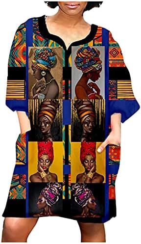 Vestido africano da moda vestidos estampados de padrão vintage para mulheres de manga média v pescoço casual solto e um mini vestido