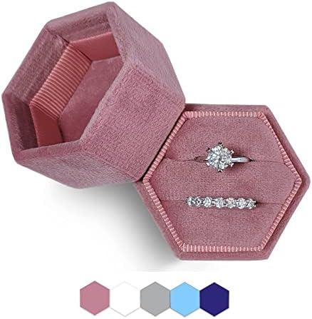 Caixa de anel de veludo, suporte para anel hexágono, slots duplos anéis de joias portador Boxs 2 slot para proposta, engajamento, casamento