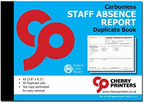 Relatório de ausência da equipe de cereja | Sem carbono | Duplicado - 2pt | A5-5,8 polegadas x 8,3 polegadas | 50